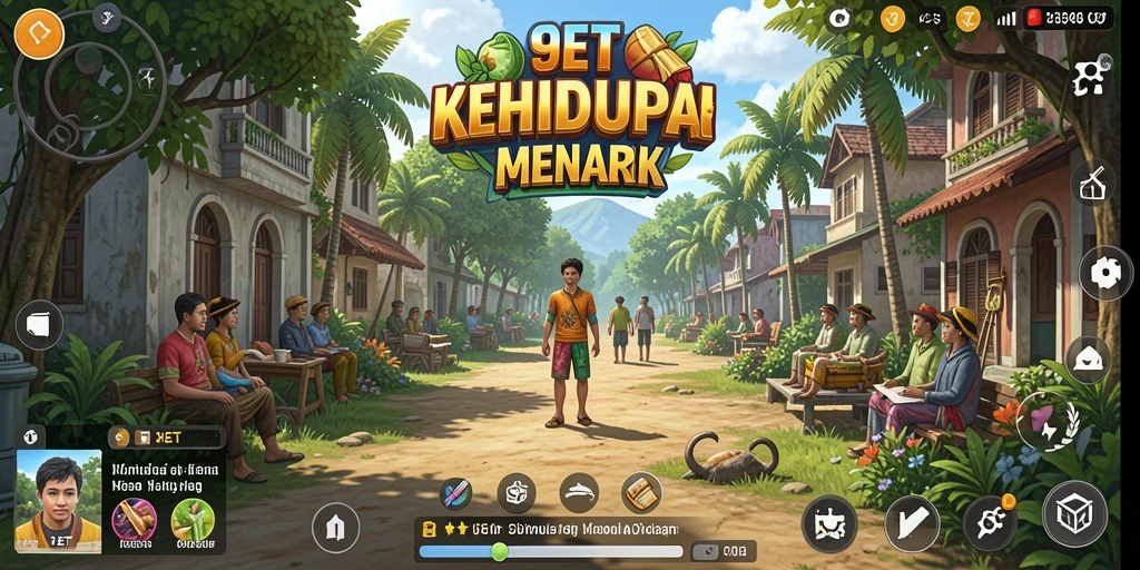Screenshot gameplay 9ET menunjukkan karakter dalam aktivitas sehari-hari.