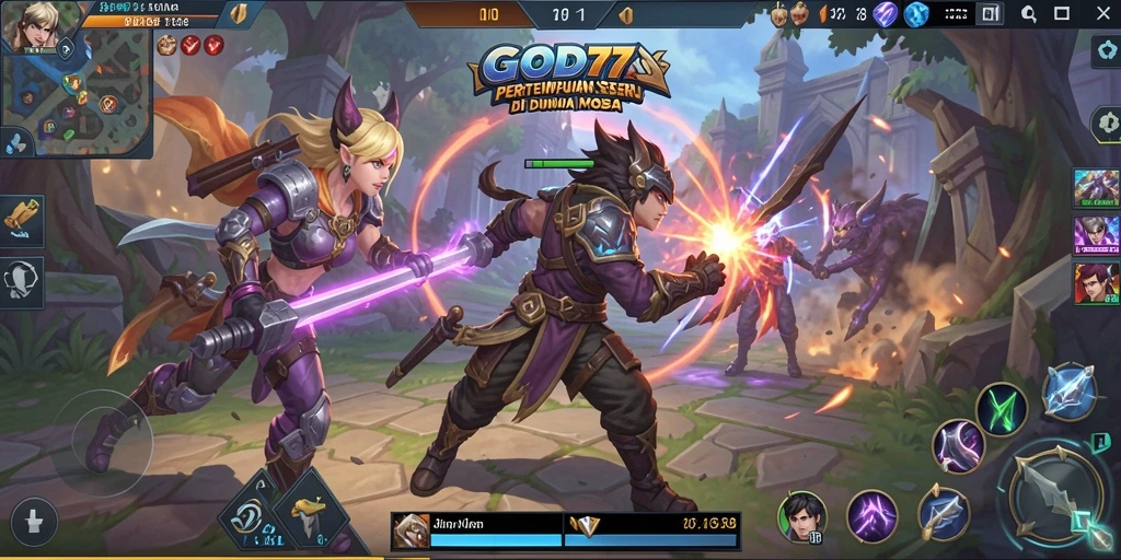 Screenshot menunjukkan aksi seru pertempuran di GOD77 MOBA.
