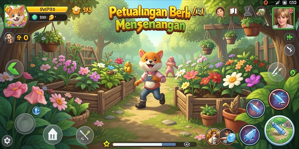 Screenshot utama SVIP10 menampilkan kebun yang indah dan aktivitas berkebun.