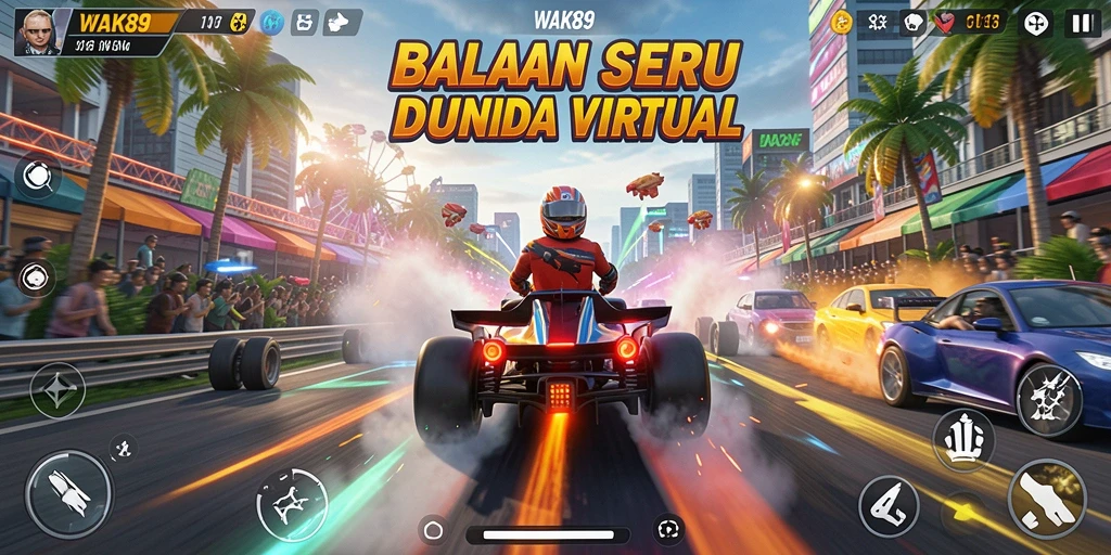 Screenshot utama WAK89 menampilkan balapan seru dengan mobil dan trek menakjubkan.